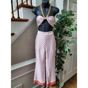 Sheln Women's White & Red Polyester Halter Neck Top & Pant 2 Pcs Jumpsuit XS